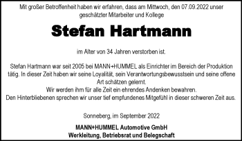 Traueranzeige von Stefan Hartmann von Südthüringer Presse
