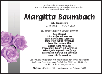 Traueranzeige von Margitta Baumbach von Südthüringer Presse