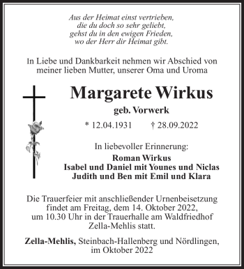 Traueranzeige von Margarete Wirkus von Südthüringer Presse