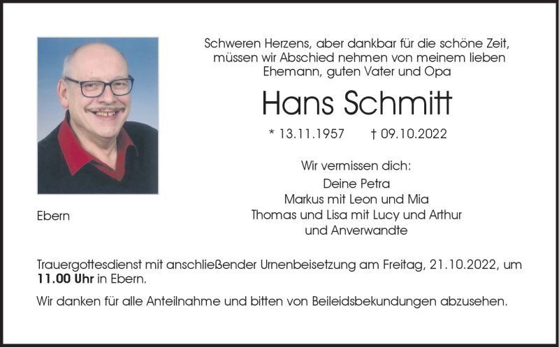  Traueranzeige für Hans Schmitt vom 15.10.2022 aus Neue Presse Coburg