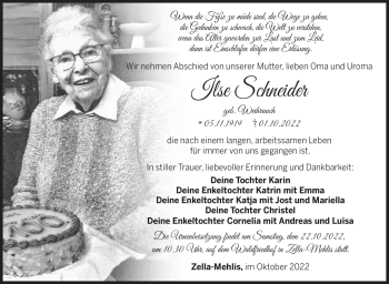 Traueranzeige von Ilse Schneider von Südthüringer Presse