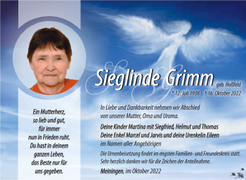 Traueranzeige von Sieglinde Grimm von Südthüringer Presse