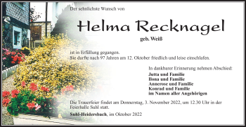 Traueranzeige von Helma Recknagel von Südthüringer Presse