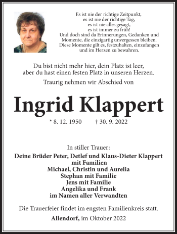 Traueranzeige von Ingrid Klappert von Südthüringer Presse