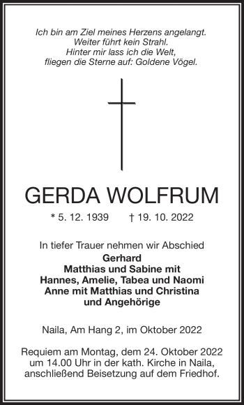 Traueranzeige von Gerda Wolfrum von Frankenpost