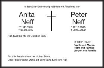 Traueranzeige von AnitaPeter NeffNeff von Frankenpost