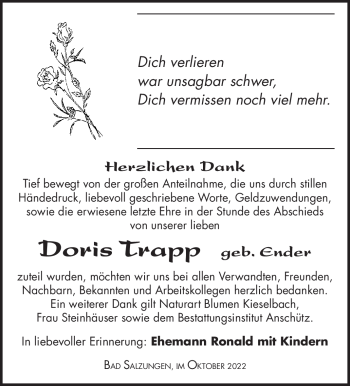 Traueranzeige von Doris Trapp von Südthüringer Presse