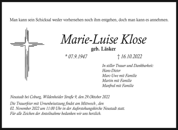 Traueranzeige von Marie-Luise Klose von Neue Presse Coburg