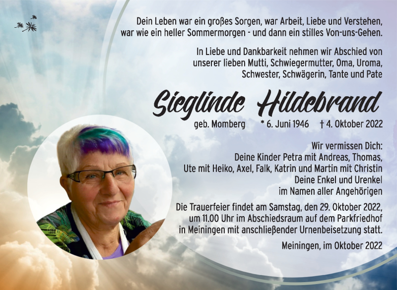  Traueranzeige für Sieglinde Hildebrand vom 22.10.2022 aus Südthüringer Presse