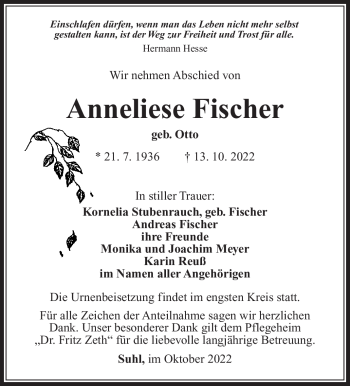Traueranzeige von Anneliese Fischer von Südthüringer Presse
