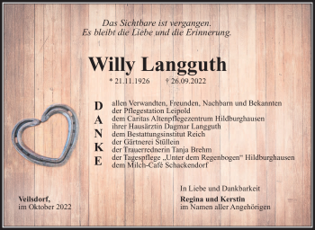 Traueranzeige von Willy Langguth von Südthüringer Presse