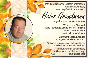 Traueranzeige von Heinz Grundmann von Südthüringer Presse
