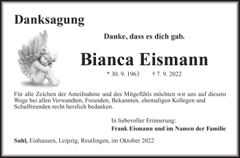 Traueranzeige von Bianca Eismann von Südthüringer Presse