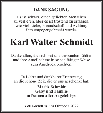 Traueranzeige von Karl Walter Schmidt von Südthüringer Presse