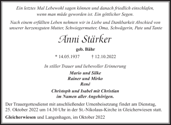 Traueranzeige von Anni Stärker von Südthüringer Presse