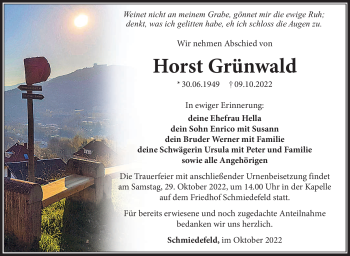Traueranzeige von Horst Grünwald von Südthüringer Presse