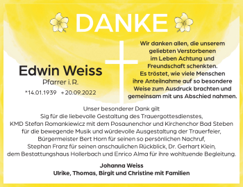 Traueranzeige von Edwin Weiss von Frankenpost