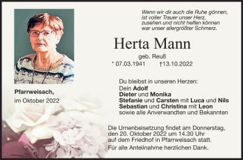 Traueranzeige von Herta Mann von Neue Presse Coburg