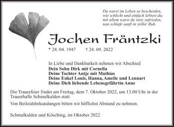 Traueranzeige von Jochen Fräntzki von Südthüringer Presse