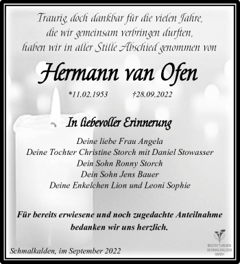 Traueranzeige von Hermann van Ofen von Südthüringer Presse