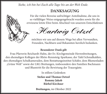 Traueranzeige von Hartwig Oetzel von Südthüringer Presse