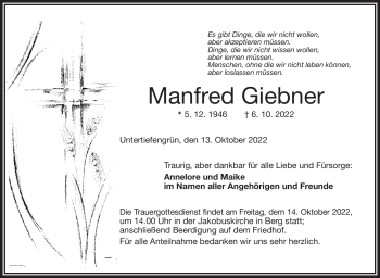 Traueranzeige von Manfred Giebner von Frankenpost