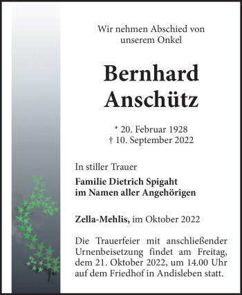 Traueranzeige von Bernhard Anschütz von Südthüringer Presse