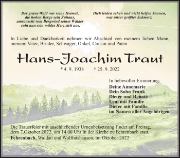 Traueranzeige von Hans-Joachim Traut von Südthüringer Presse