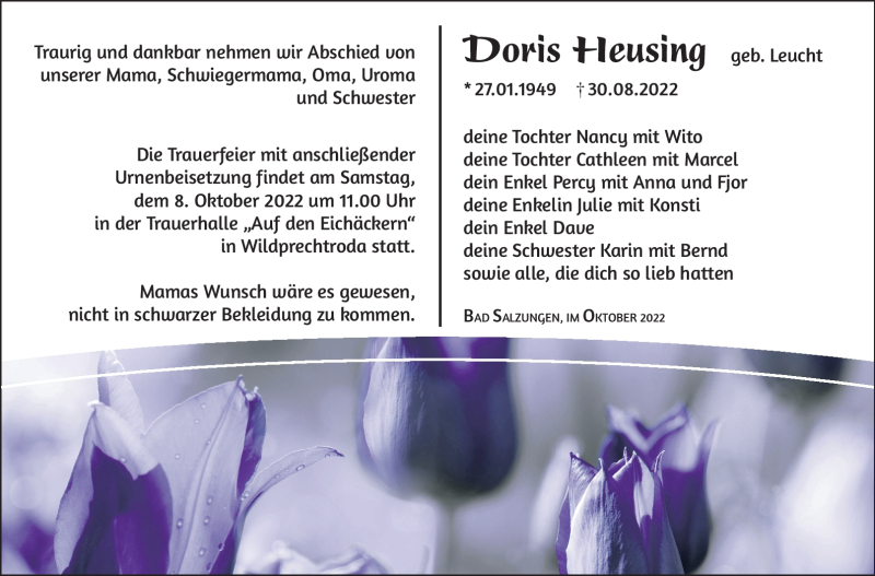  Traueranzeige für Doris Heusing vom 01.10.2022 aus Südthüringer Presse