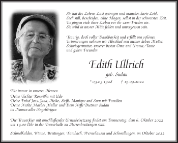 Traueranzeige von Edith Ullrich von Südthüringer Presse
