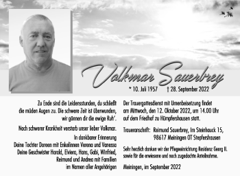 Traueranzeige von Volkmar Sauerbrey von Südthüringer Presse
