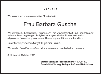Traueranzeige von Barbara Guschel von Südthüringer Presse