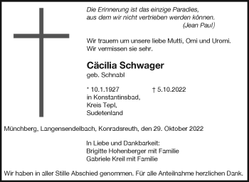 Traueranzeige von Cäcilia Schwager von Frankenpost