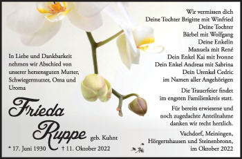 Traueranzeige von Frieda Ruppe von Südthüringer Presse