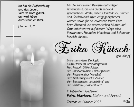 Traueranzeige von Erika Kätsch von Südthüringer Presse