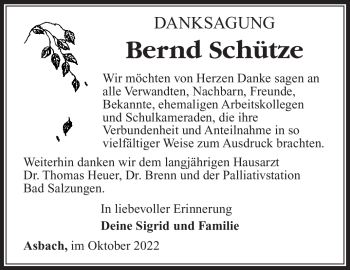 Traueranzeige von Bernd Schütze von Südthüringer Presse
