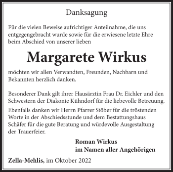 Traueranzeige von Margarete Wirkus von Südthüringer Presse