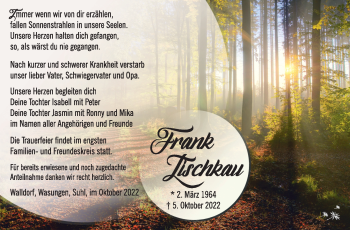 Traueranzeige von Frank Zischkau von Südthüringer Presse