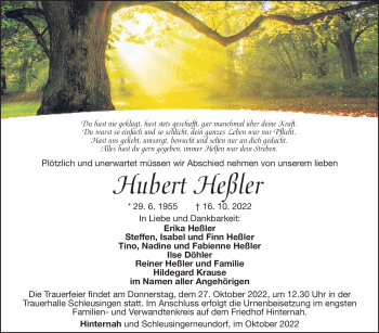 Traueranzeige von Hubert Heßler von Südthüringer Presse