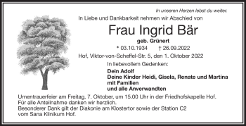 Traueranzeige von Ingrid Bär von Frankenpost