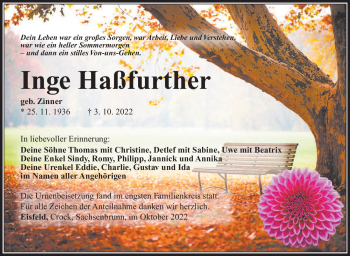 Traueranzeige von Inge Haßfurther von Südthüringer Presse
