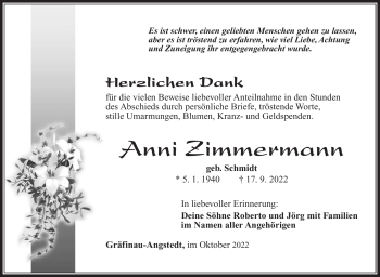 Traueranzeige von Anni Zimmermann von Südthüringer Presse