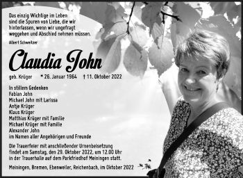 Traueranzeige von Claudia John von Südthüringer Presse