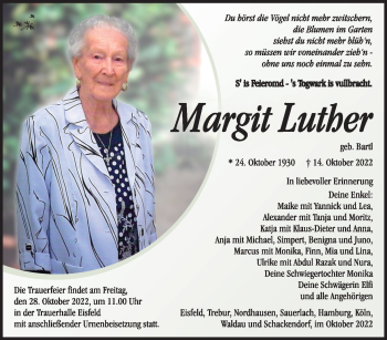 Traueranzeige von Margit Luther von Südthüringer Presse