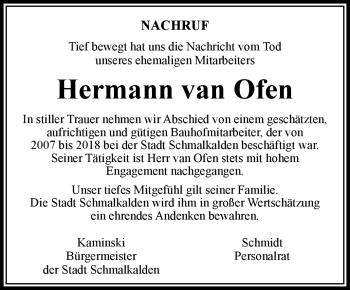 Traueranzeige von Hermann van Ofen von Südthüringer Presse