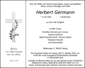 Traueranzeige von Herbert Germann von Neue Presse Coburg