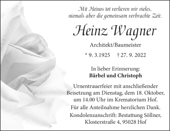 Traueranzeige von Heinz Wagner von Frankenpost