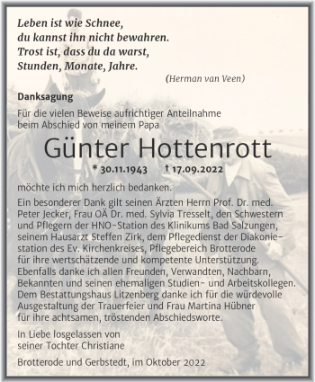 Traueranzeige von Günter Hottenrott von Südthüringer Presse
