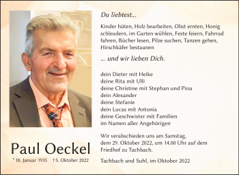 Traueranzeige von Paul Oeckel von Südthüringer Presse