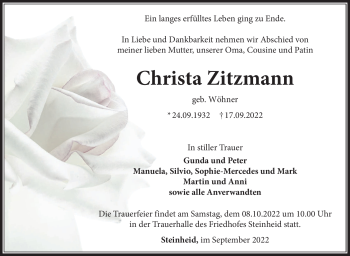 Traueranzeige von Christa Zitzmann von Südthüringer Presse